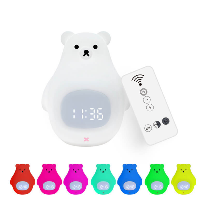 Reloj despertador LED oso polar, luz de noche para niños, ideal como regalo infantil.