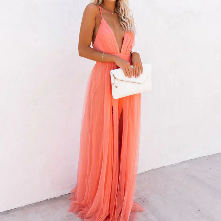 Vestido fluido rosa para mujer, largo, con espalda descubierta y escote en V, muy cómodo para fiestas de verano.