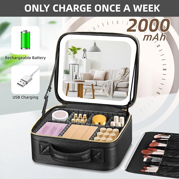 Estuche de maquillaje para mujer, con espejo LED y compartimentos, perfecto para viaje.