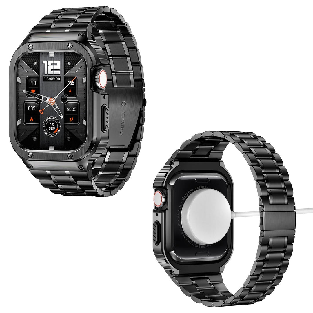 Accesorios de lujo para smartwatch: correa y funda de acero inoxidable. Estilo moderno y protección.