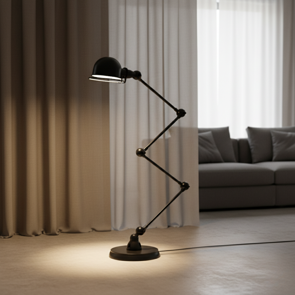 Lámpara de pie industrial moderna negra con brazo flexible. Ideal para lectura y decoración de hogar.