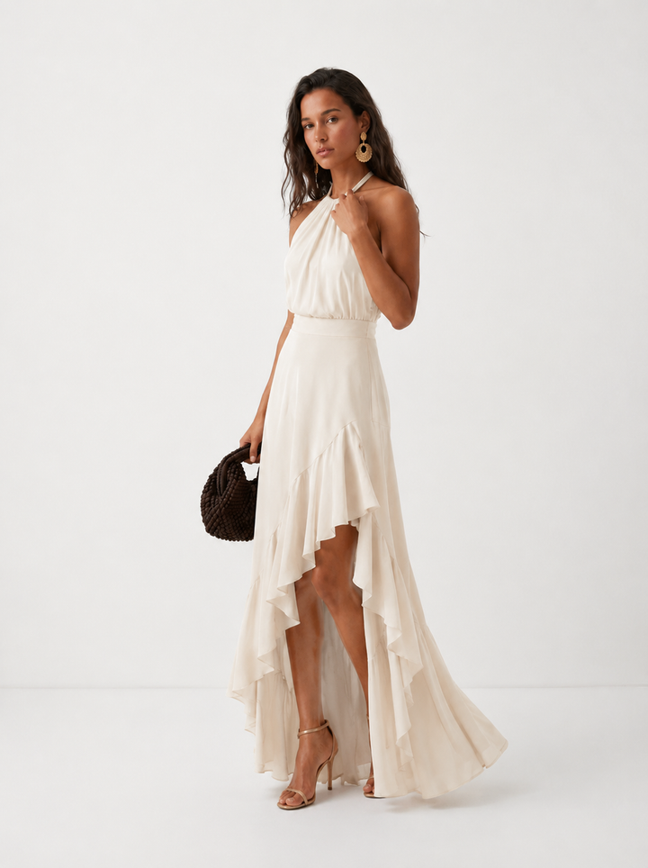 Elegante vestido de cóctel azul marino para mujer, diseño asimétrico con volantes y cuello halter.