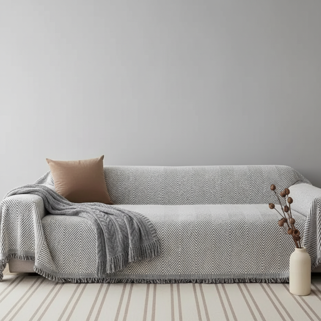 Funda de sofá duradera antideslizante con textura herringbone. Confortable y protectora para mascotas en casa.