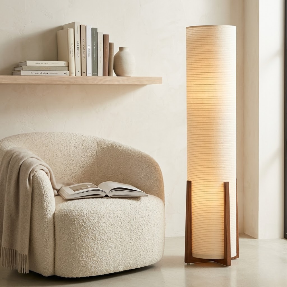 Lámpara de pie de madera y tela blanca, estilo japonés minimalista para decoración del hogar.