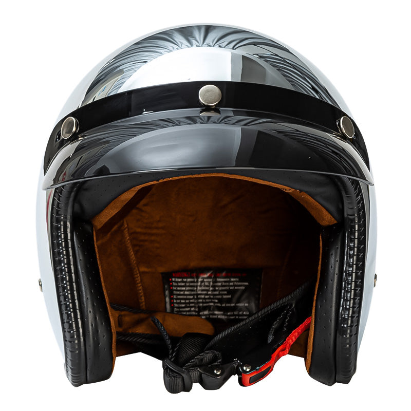 Casco vintage plateado 3/4 abierto para motocicleta, estilo clásico, protección DOT/ECE, ideal chopper.