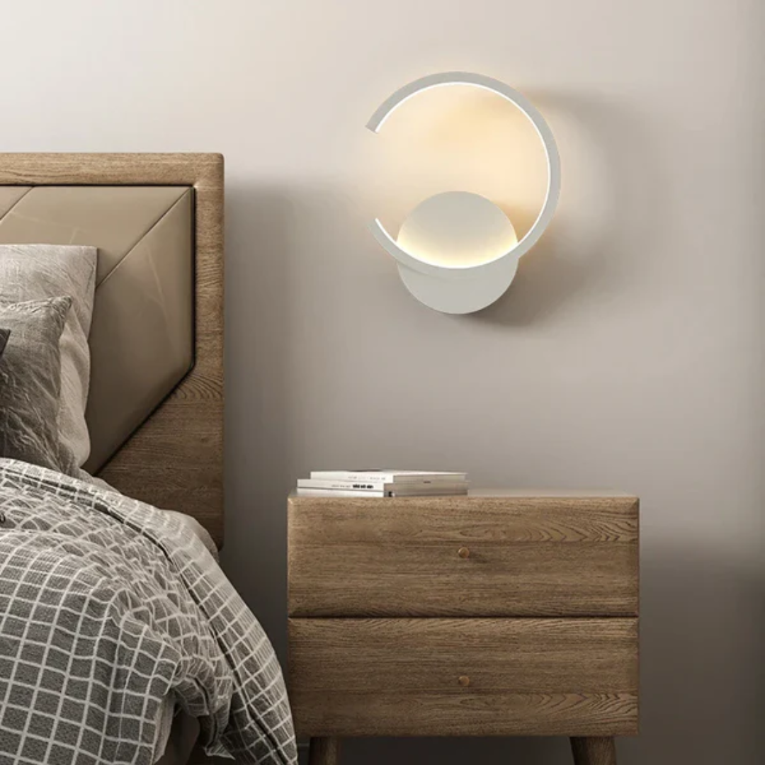 Elegante lámpara de pared LED redonda, de aluminio. Perfecta iluminación moderna para salón, dormitorio y pasillo.