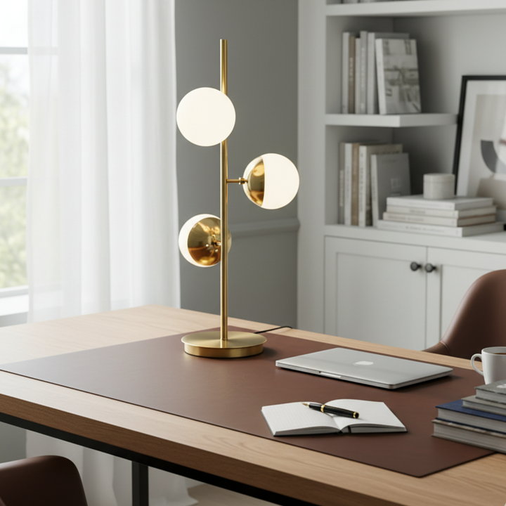 Lámpara de mesa dorada con luz ambiente, ideal para dormitorio, decoración hogar acogedora.