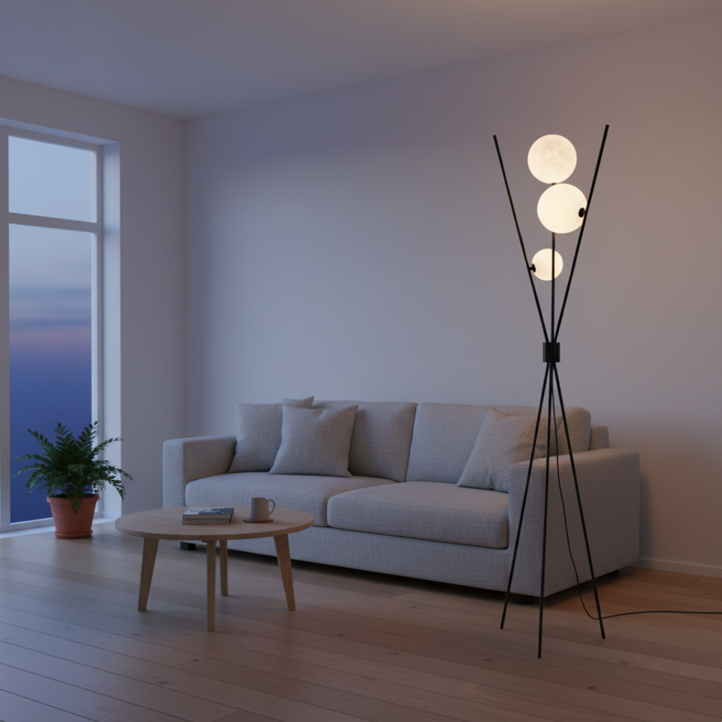 Lámpara de mesa LED con diseño de luna. Luz regulable cálida para decoración interior moderna y minimalista.