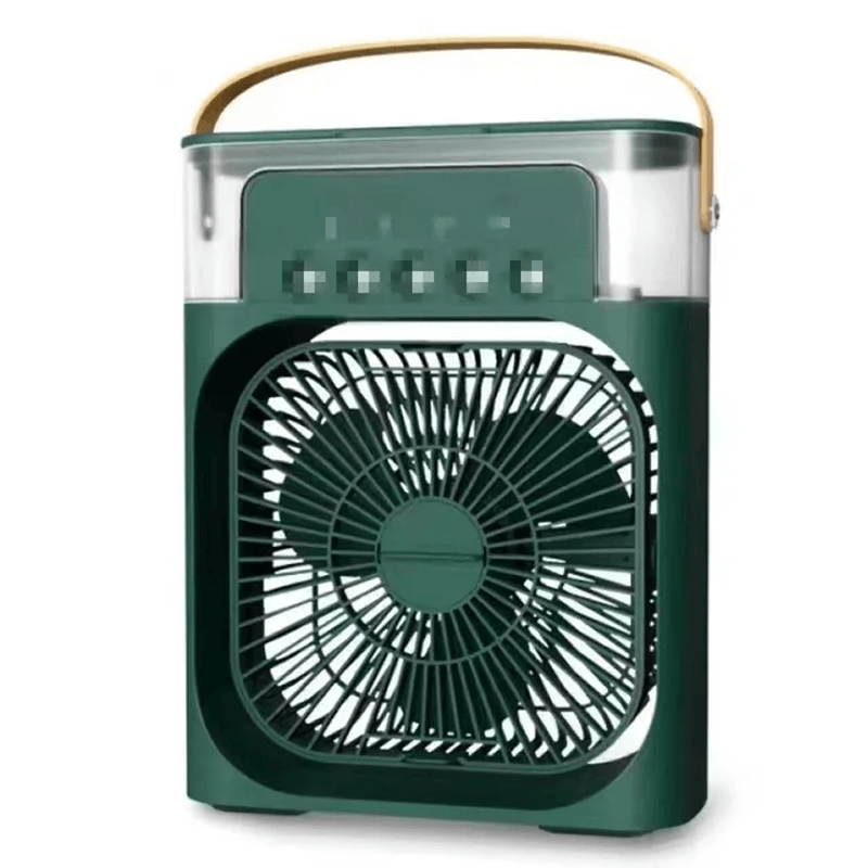 Mini ventilador USB con depósito de agua, proporciona aire fresco y humidificado, ideal para escritorio.