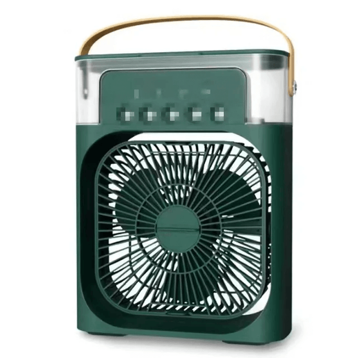 Mini ventilador USB con depósito de agua, proporciona aire fresco y humidificado, ideal para escritorio.