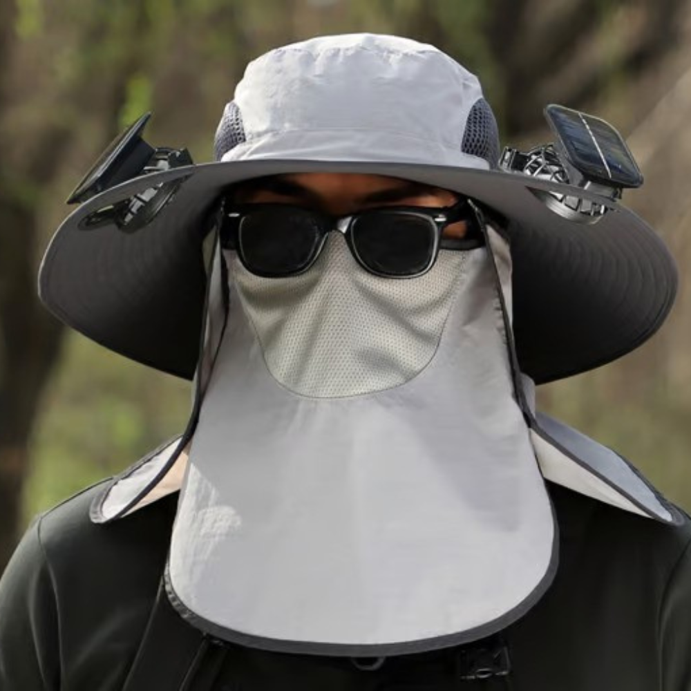 Gorra de camuflaje solar con ventiladores y visor removible, para senderismo y aire libre.
