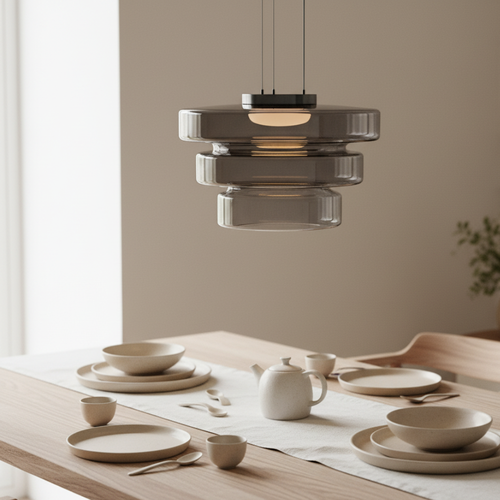 Diseño escultórico: lámpara colgante LED de vidrio dinámico. Iluminación decorativa para salón.