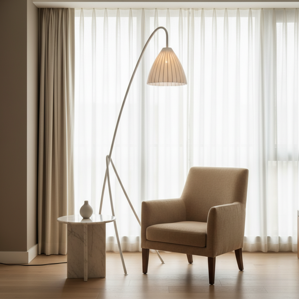 Moderna lámpara de pie con trípode, pantalla plisada. Iluminación ambiente para el hogar.
