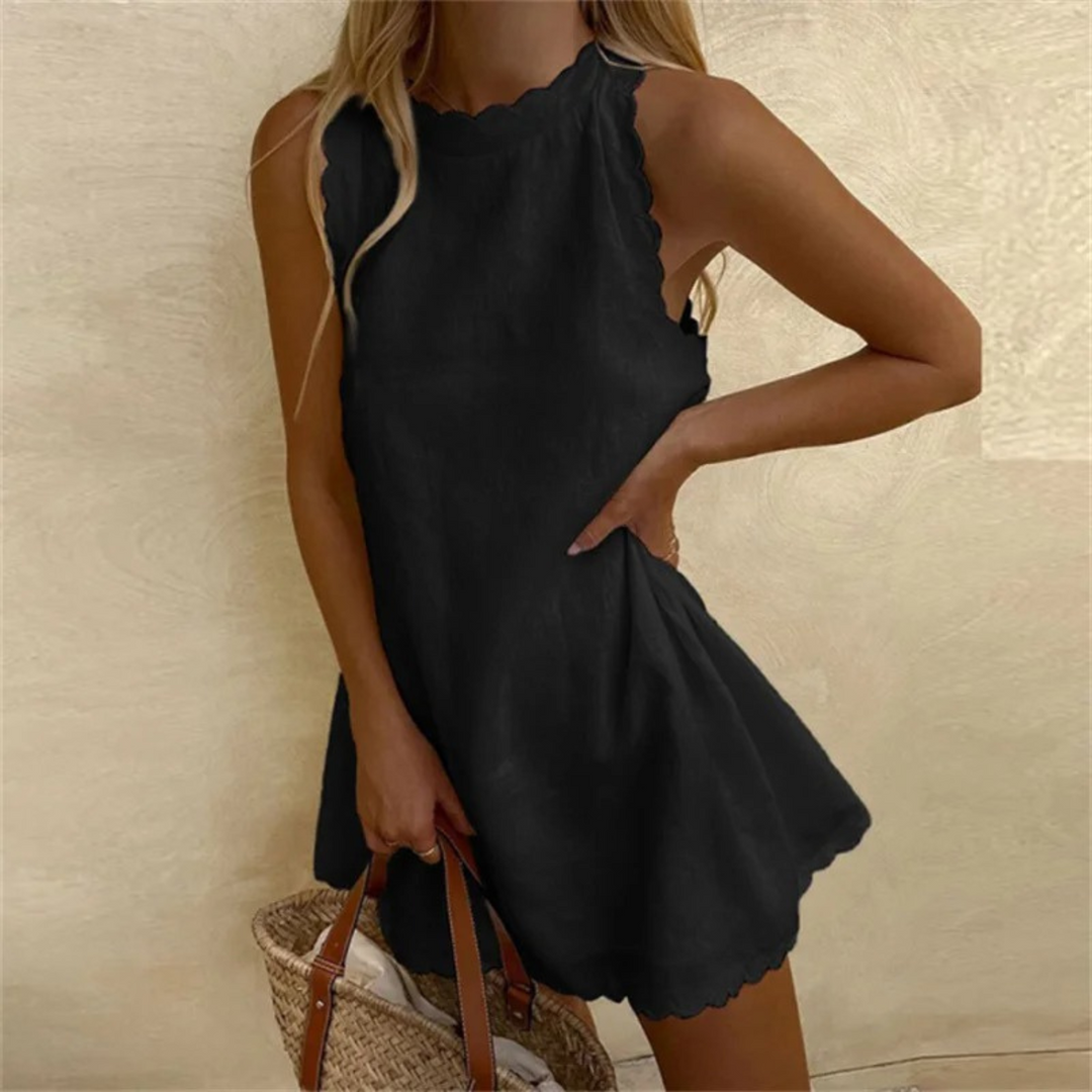Vestido de lino fluido sin mangas para mujer, estilo casual y elegante, perfecto para la playa.