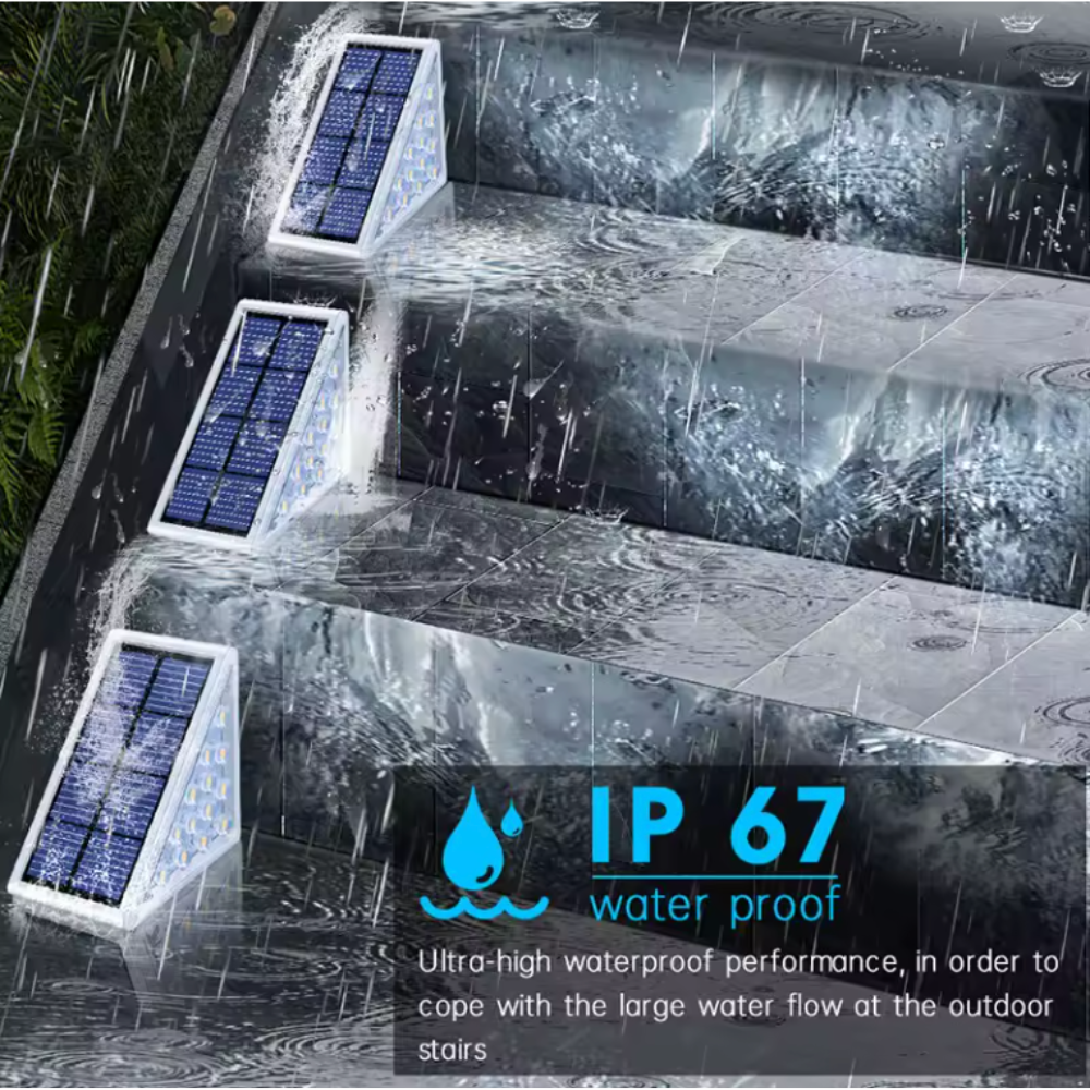 Luces solares LED de bajo consumo para escaleras exteriores. Energía renovable para seguridad nocturna en tu hogar.