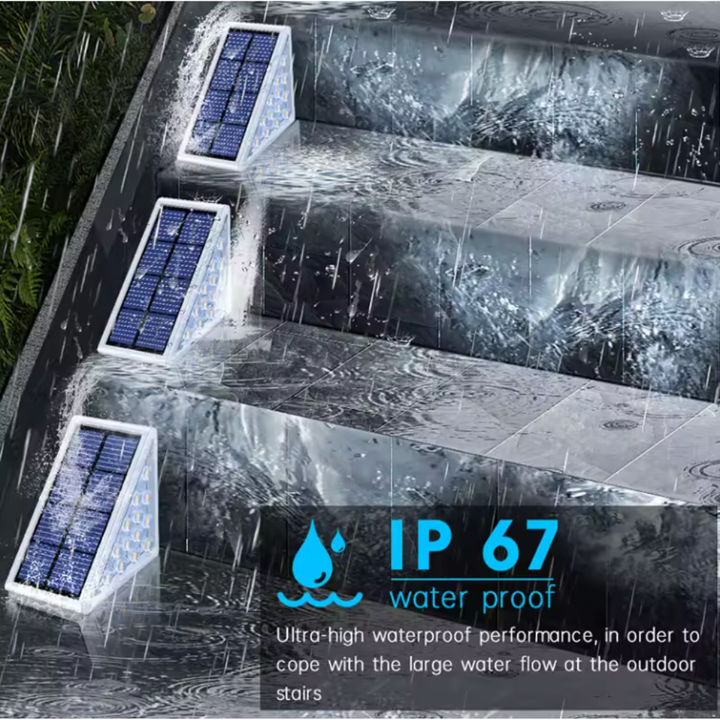 Luces solares LED de bajo consumo para escaleras exteriores. Energía renovable para seguridad nocturna en tu hogar.