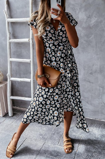 Vestido de verano para mujer, tejido fresco y fluido, escote en V, cómodo y elegante para disfrutar del verano.