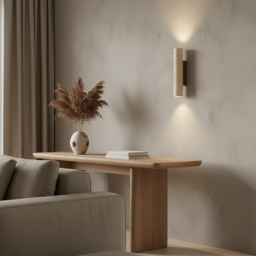 Aplique de pared LED de travertino, diseño minimalista contemporáneo para iluminación del hogar.