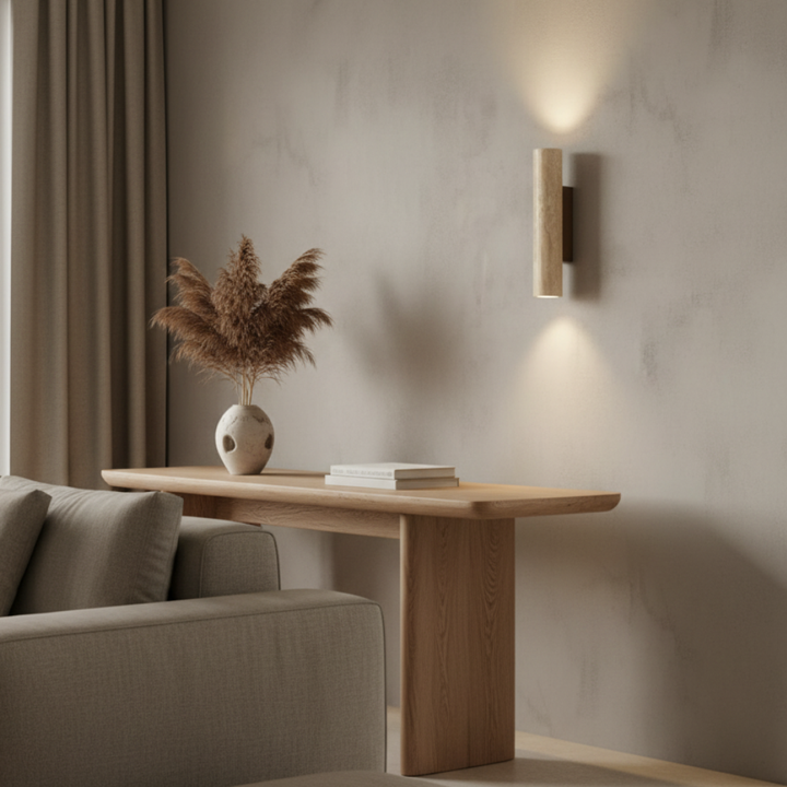 Aplique de pared LED de travertino, diseño minimalista contemporáneo para iluminación del hogar.