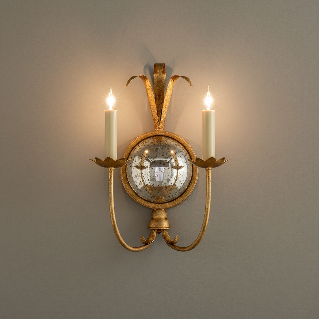 Aplique de pared de latón antiguo con espejo, reflejando luces vela. Iluminación interior clásica y acogedora.