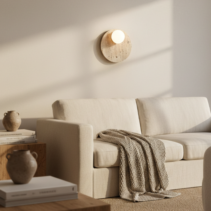 Iluminación de pared estilo Japandi, lámpara Wabi-Sabi de piedra con luz cálida para un diseño interior sereno.