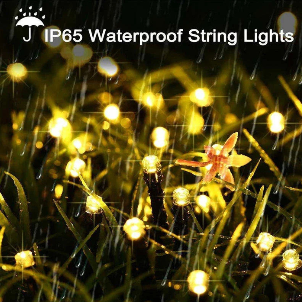 Jardín con luces solares decorativas, cadena de luces LED para una noche especial.