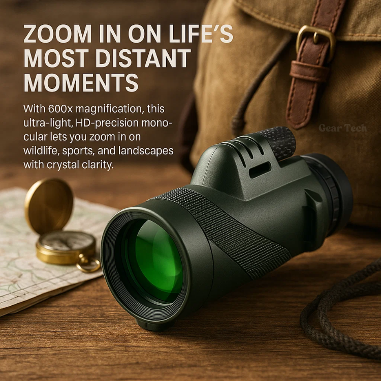 Monocular ultra-zoom 600x HD, compacto, portátil y con óptica clara para aventura.