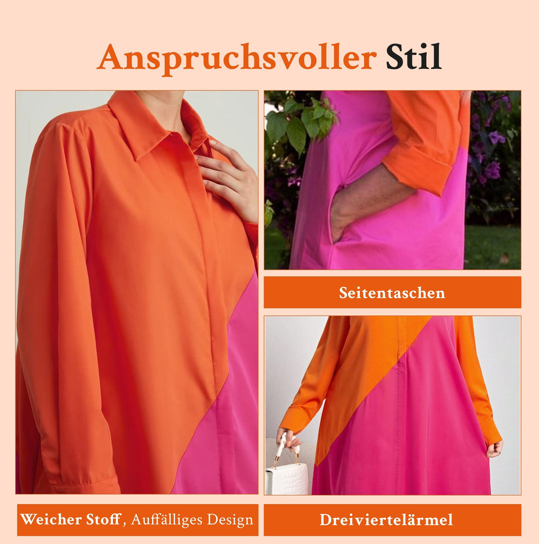 Vestido moderno de mujer cuello vuelto y manga 3/4. Estilo casual chic para primavera-verano, muy versátil.