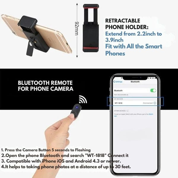 Bastón selfie extensible con trípode integrado para móvil. Soporte versátil para fotos y videografía estable.