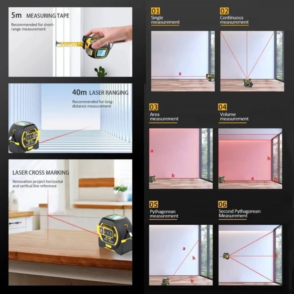 Medidor láser infrarrojo con pantalla digital. Mide con precisión en construcción y reformas del hogar.