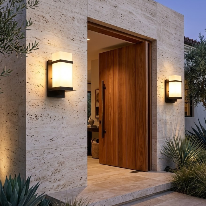 Lámpara de pared exterior de metal y vidrio. Iluminación elegante para jardín, patio o terraza.