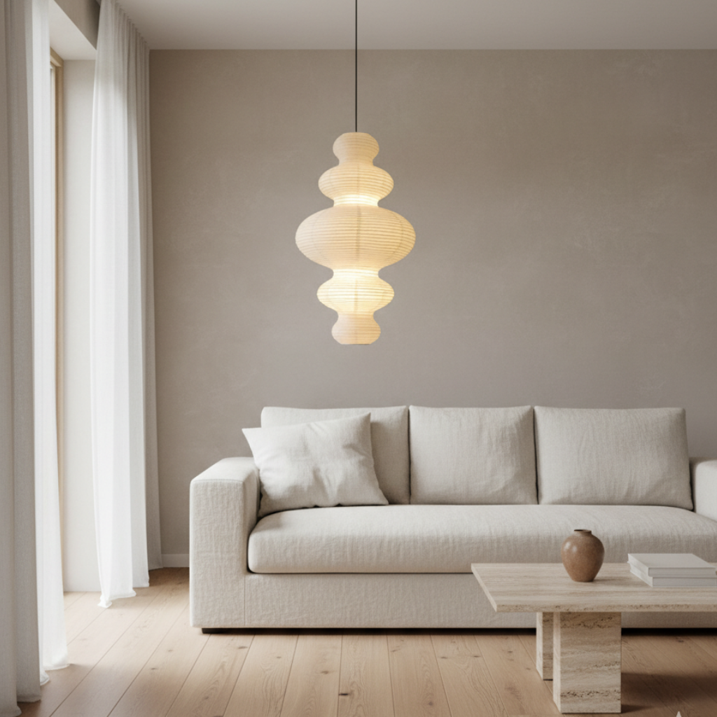 Diseño escultural minimalista: lámpara de techo estilo Japandi para sala de estar. Ambiente cálido.