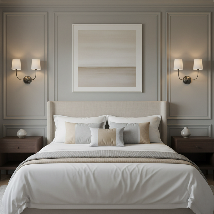 Aplique de pared estilo moderno de mediados de siglo, doble, con luz cálida para iluminación interior.