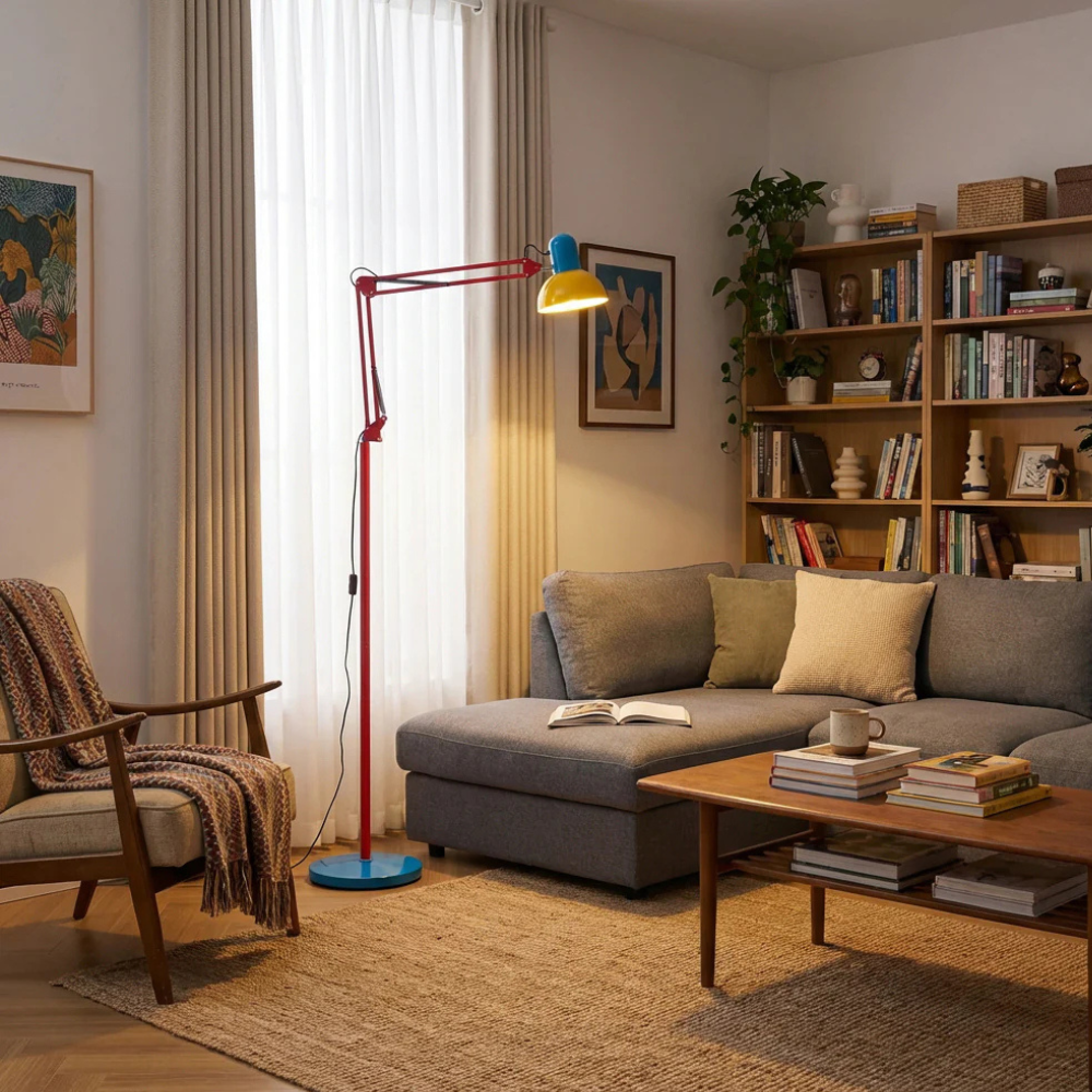 Lámpara de pie articulada estilo Memphis, ideal para iluminación de lectura en el sofá.