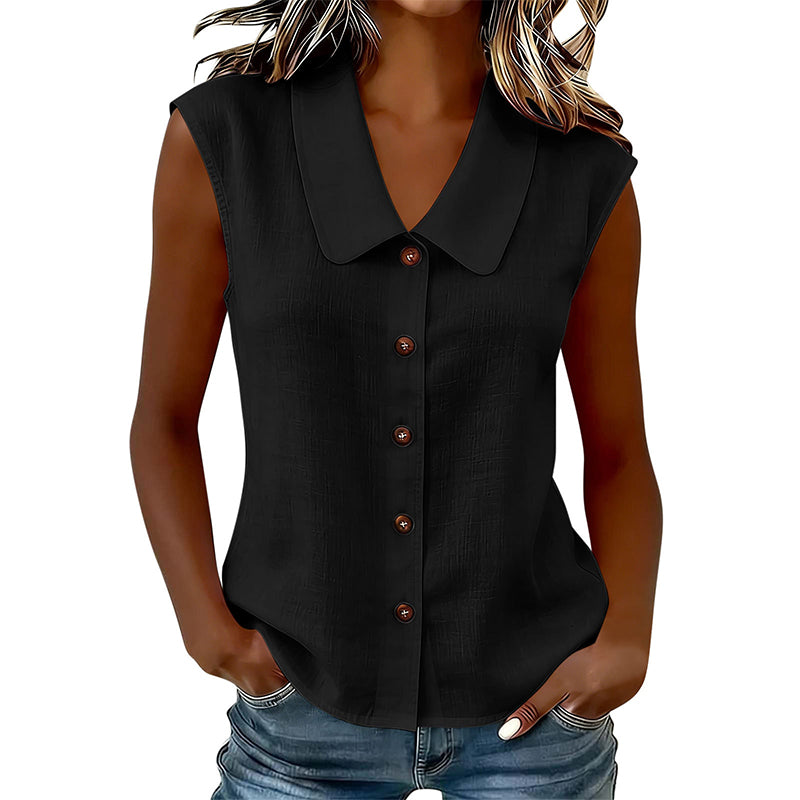 Blusa elegante sin mangas para mujer, con botones frontales y cuello V. Perfecta para verano.