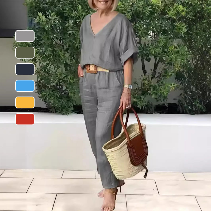 Outfit mujer dos piezas: blusa con cuello V y pantalón recto cómodo, ideal para verano y primavera.