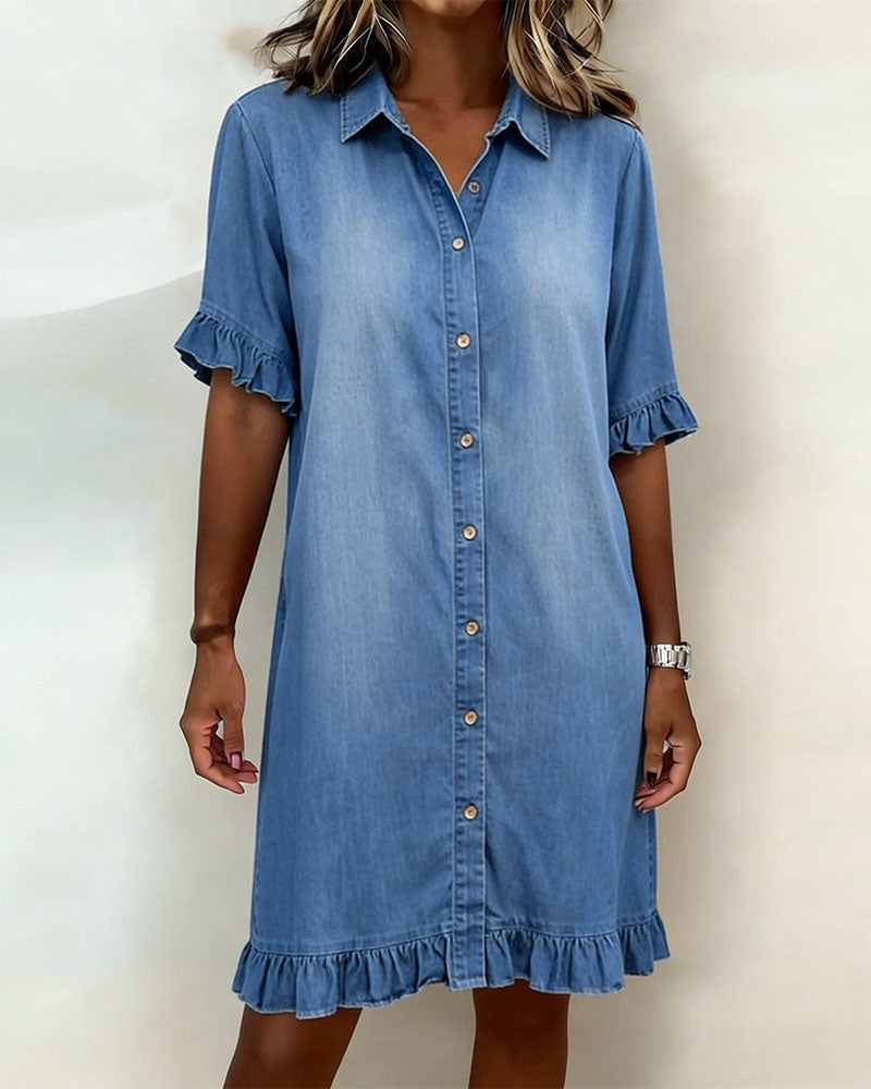 Vestido casual para mujer con botones frontales y volantes. Ideal para moda de verano y primavera, estilo chic.