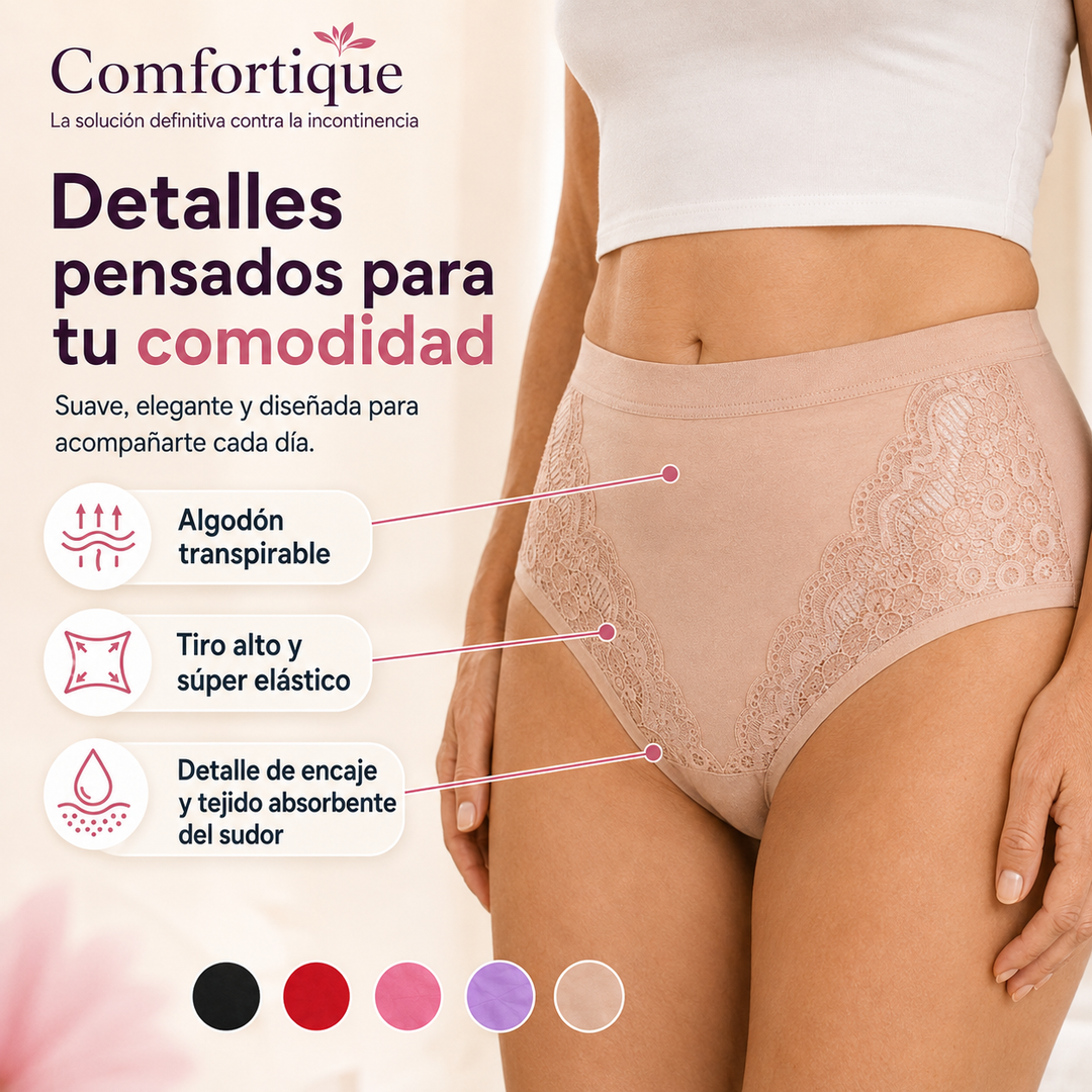 Bragas absorbentes Comfortique para incontinencia, protección segura y discreta.