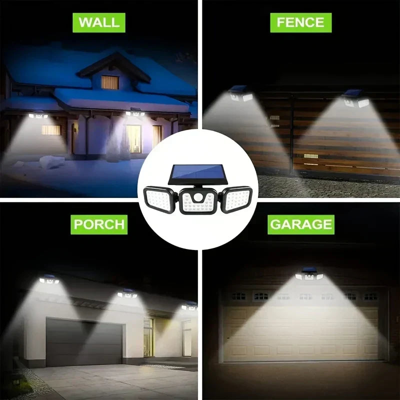 Foco LED solar ecológico con sensor de movimiento, usa energía solar para seguridad exterior.