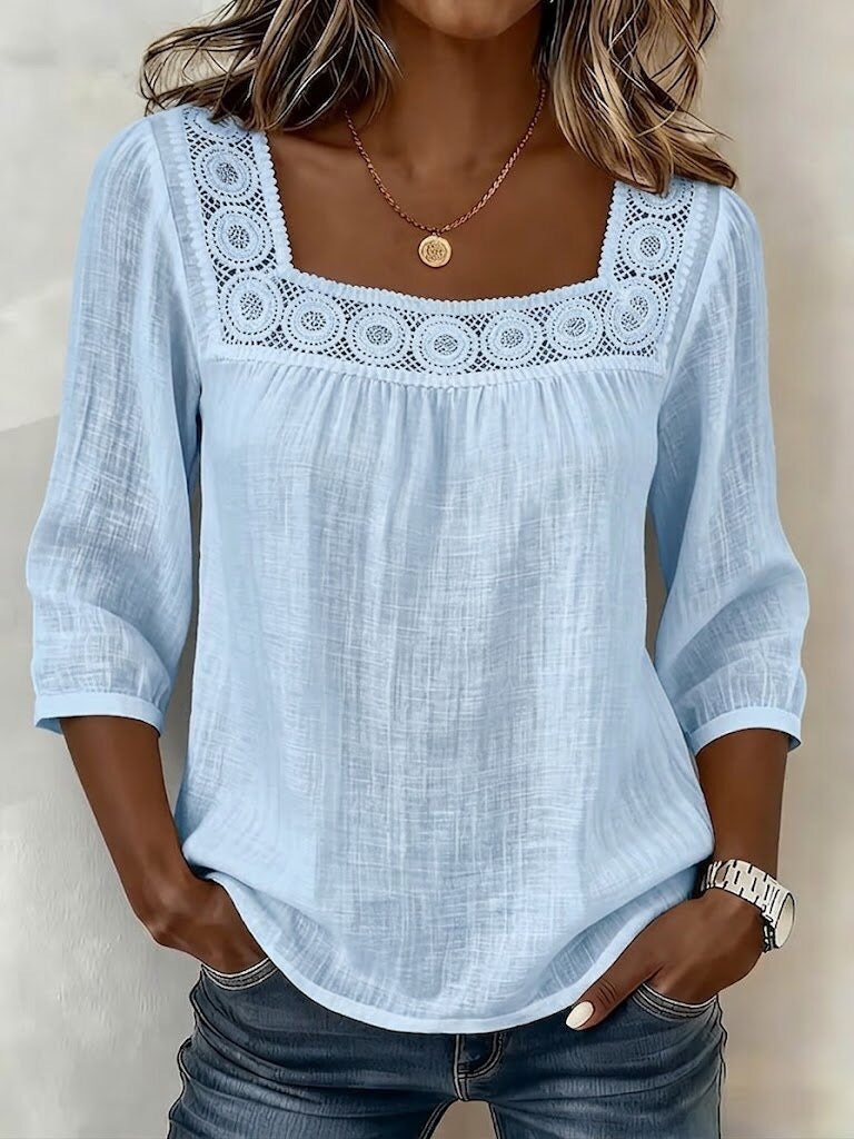 Blusa de mujer casual elegante con escote cuadrado, mangas 3/4 y encaje. Ideal para un look de verano.