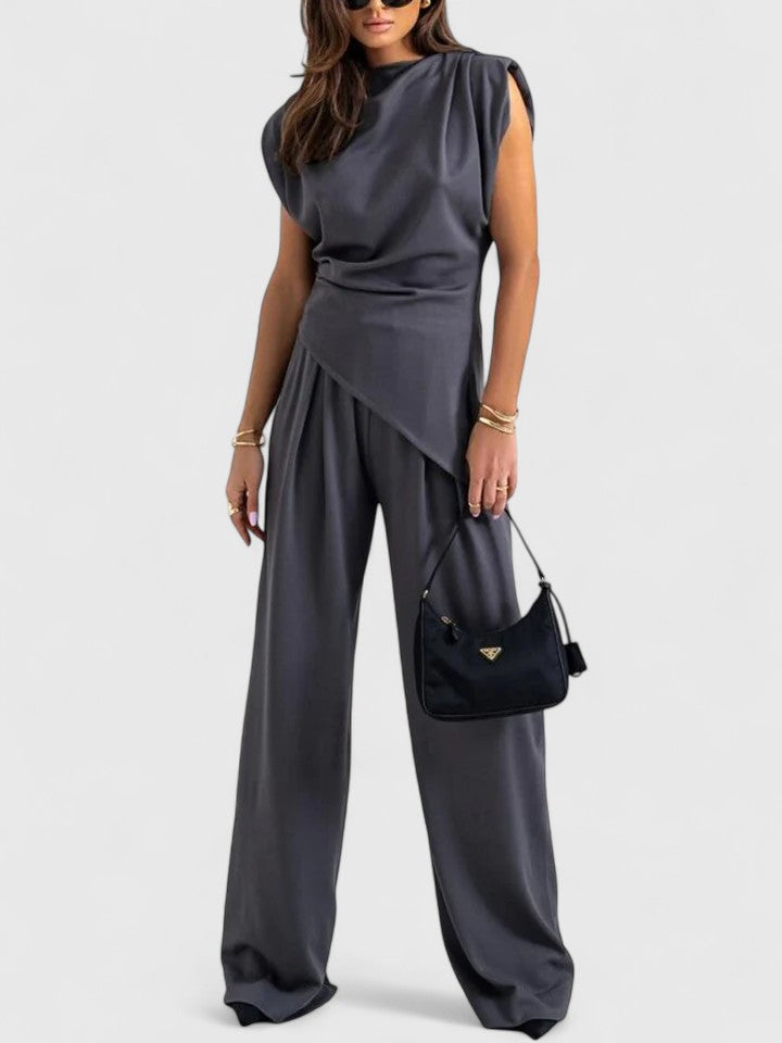 Conjunto versátil de moda femenina, top y pantalón, perfecto para ocasiones casuales o formales.