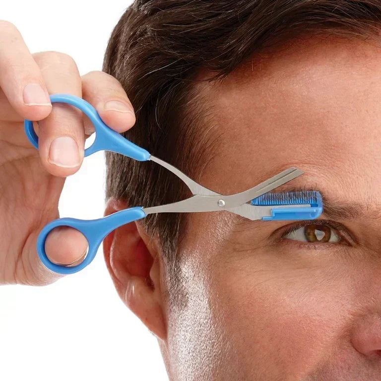 Definición de cejas con tijeras de acero inoxidable; herramienta esencial de maquillaje.