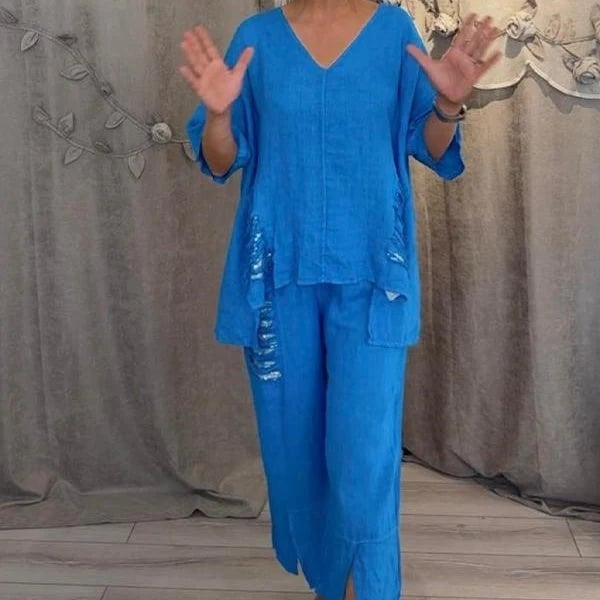 Ropa de mujer: conjunto dos piezas casual de escote V y pantalones fluidos holgados. Ideal para verano y relax.