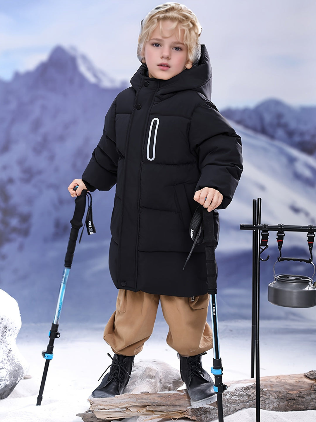 Abrigo infantil cálido y acolchado con capucha, perfecto para días fríos de invierno al aire libre.