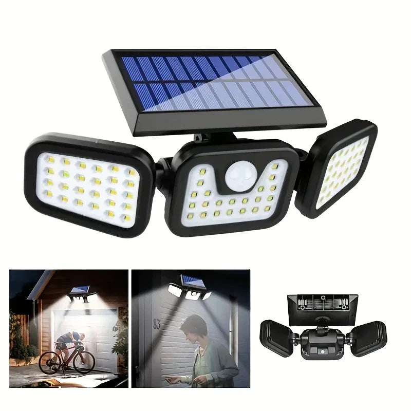 Conjunto de focos LED solares con sensor, iluminando caminos y áreas exteriores para seguridad.