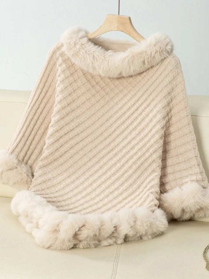 Poncho de acrílico suave para mujer, con detalle de pelo en el cuello. Talla única, moda casual.
