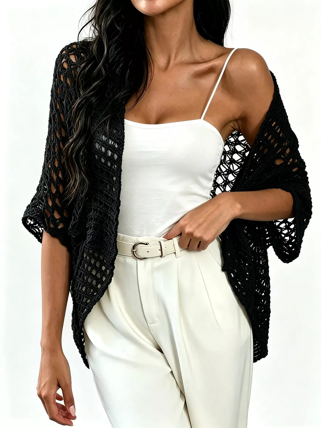 Cárdigan de crochet para mujer, sin botones, estilo bohemio. Capa elegante y ligera para cualquier outfit.