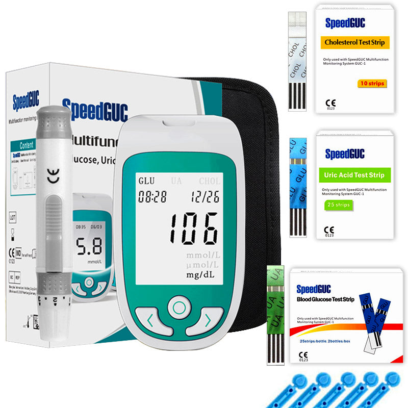 Monitor de salud 3 en 1 para medir colesterol, glucosa y ácido úrico. Dispositivo médico completo.