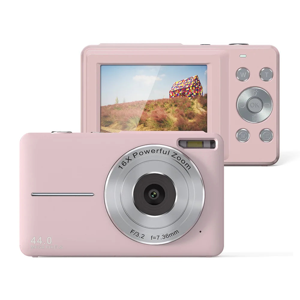 Cámara digital compacta 44MP 1080P recargable, con zoom 16X y webcam, para todo uso.