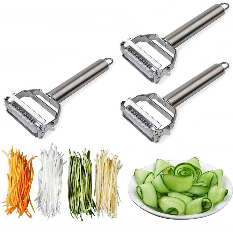 Utensilio de cocina en acero inoxidable: pelador y cortador multifuncional para verduras y frutas.
